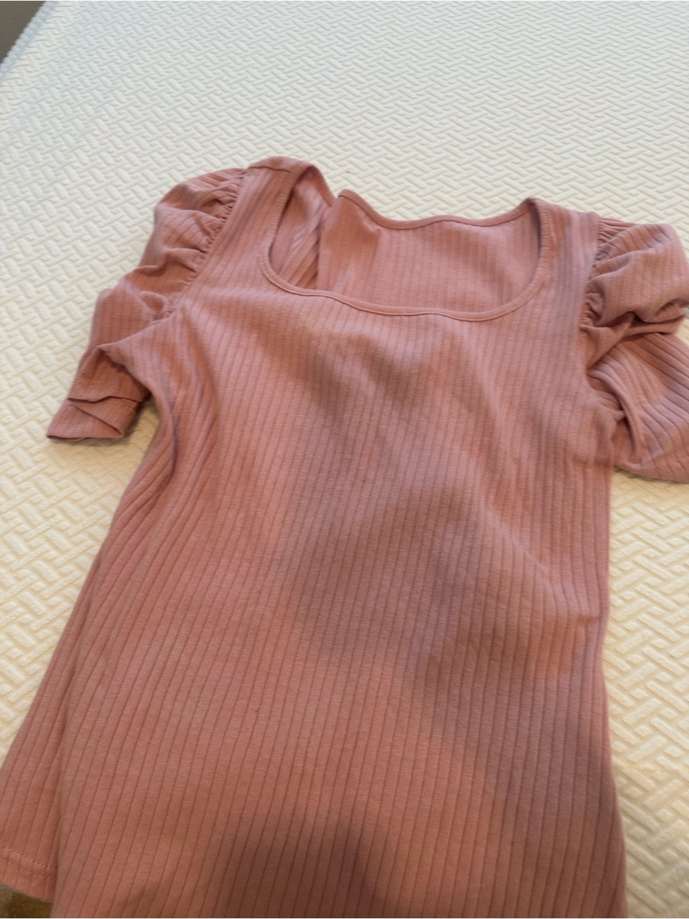 SHEIN Ribbed Puff Sleeve Square Neck Top - Mauve Pink